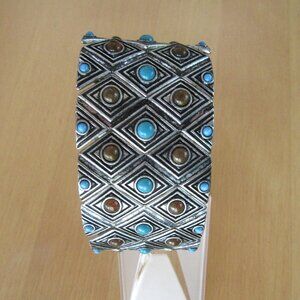 Silver tone cuff stretch bracelet with turquoise and brown beading - geometric